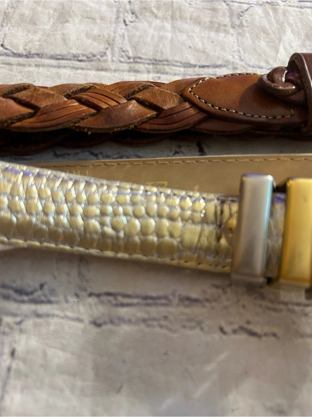 ELITE VTG GOLD METALLIC SKIN PRINT AND EDDIE BAUER BROWN LEATHER BRAIDED BELTS